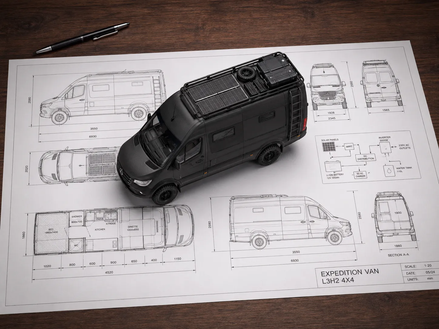 Camper — Sprinter model on engineering drawings