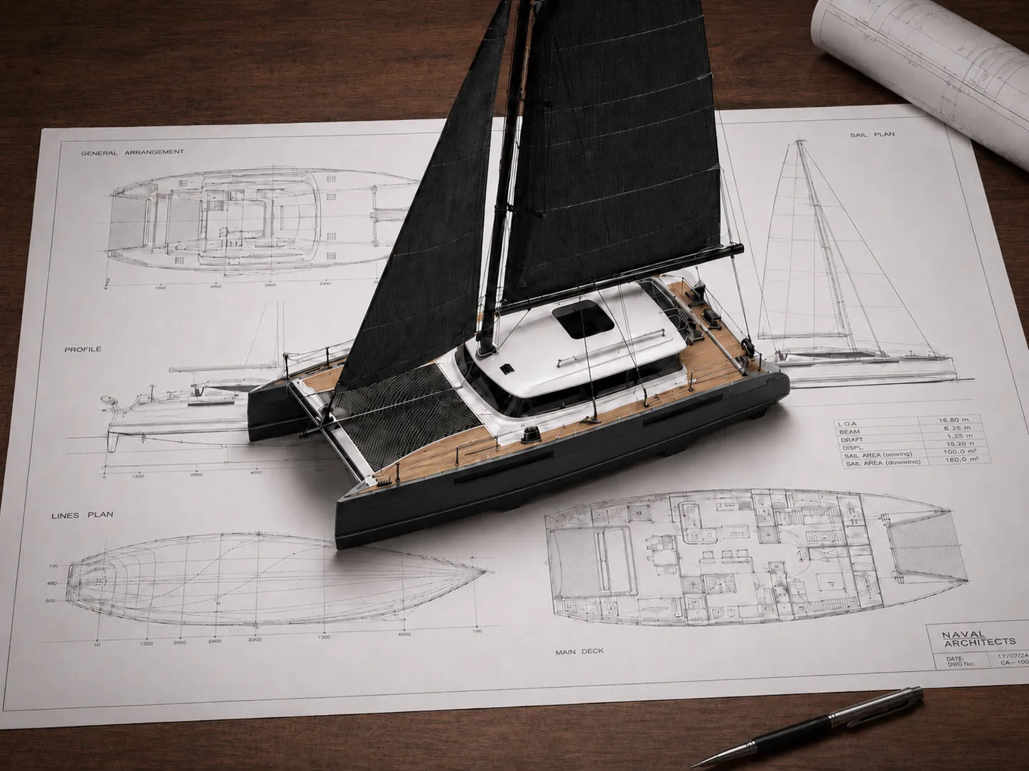 Yacht — catamaran model on engineering drawings